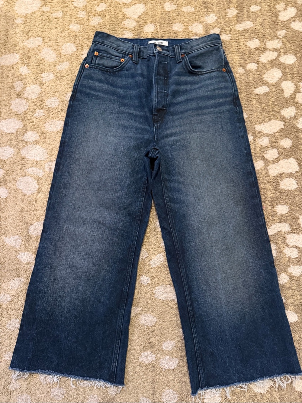 RE/DONE Women’s Midnight Dark Wash High Rise Crop Wide Leg Raw Hem Jeans 27